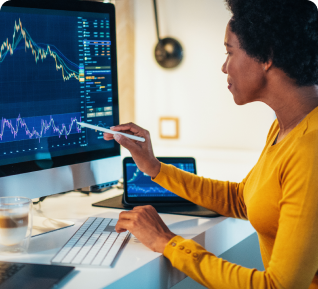 side view women checking the blockchain statistic